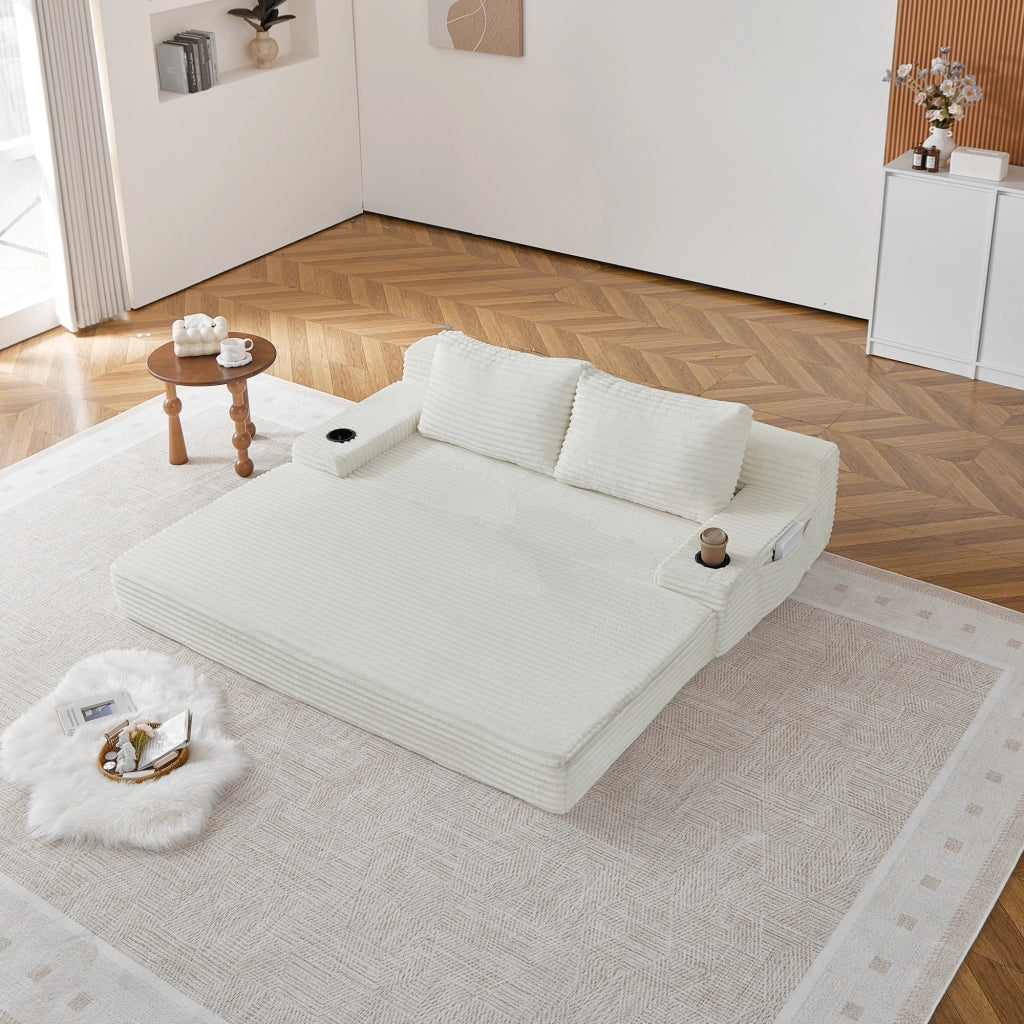 Divano letto 2 in 1 con portabevande e tasche laterali in velluto a coste beige