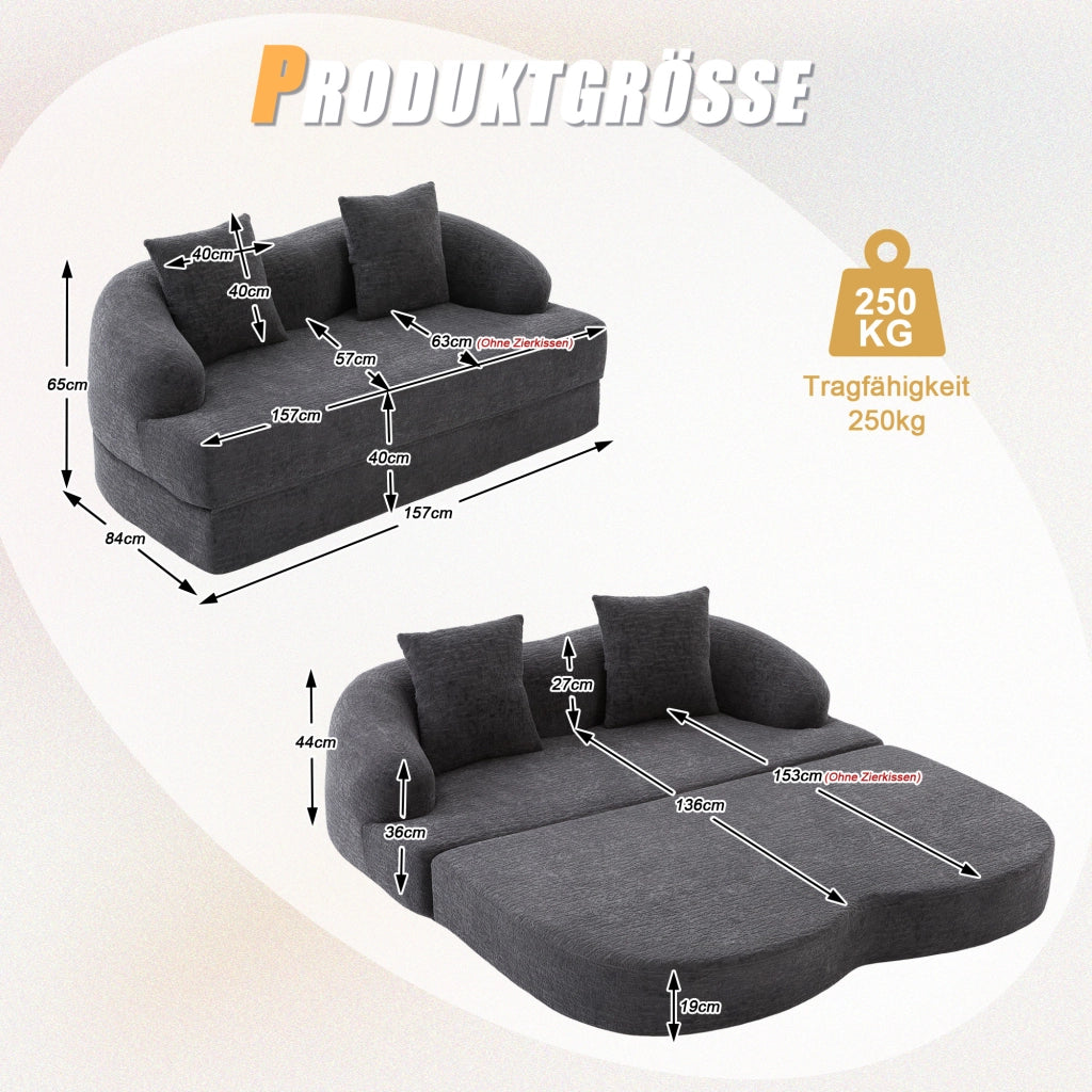 Divano letto 2 posti pieghevole con due cuscini schienale in chenille e schiuma grigio scuro 157 × 84 × 65 cm