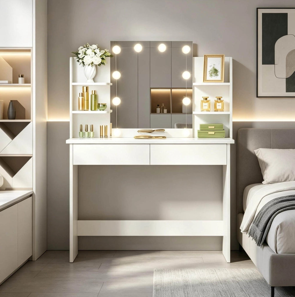 Toeletta con specchio LED 90 x 40 x 135 cm; 2 cassetti; legno massello e plastica; bianca
