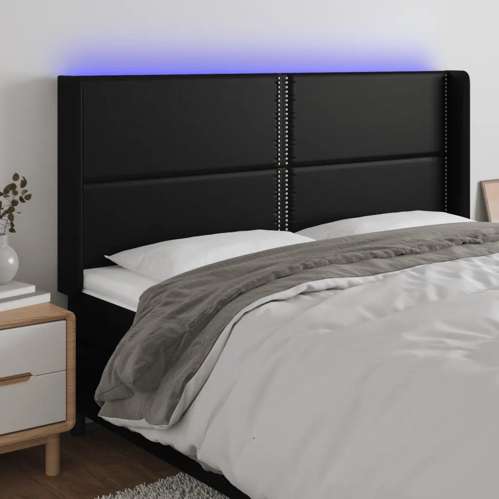 Testiera | Testata a LED Nera 203x16x118/128 cm in Similpelle