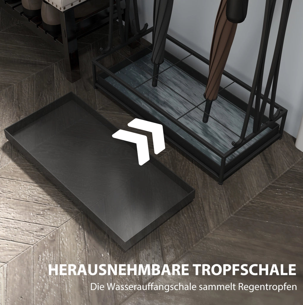 Portaombrelli in acciaio con 24 ganci e 21 fori, base rettangolare 50x24x68 cm, con vaschetta raccogli acqua rimovibile, nero