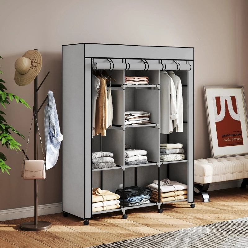 Armadio 125x43x162.5 cm con 8 ripiani e 2 appendiabiti in tessuto grigio chiaro