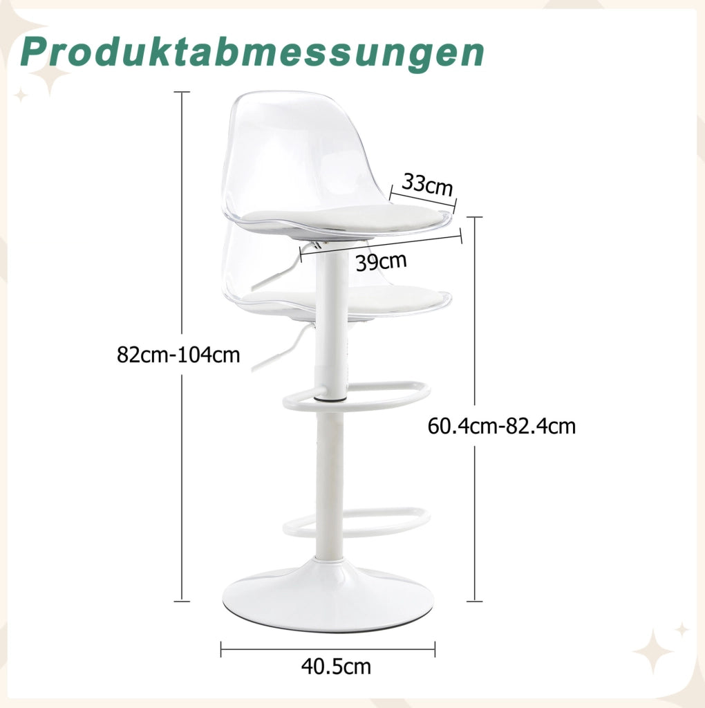 SGABELLO DA BAR Regolabile 82-104 cm Trasparente e Bianco Set da 2 pezzi
