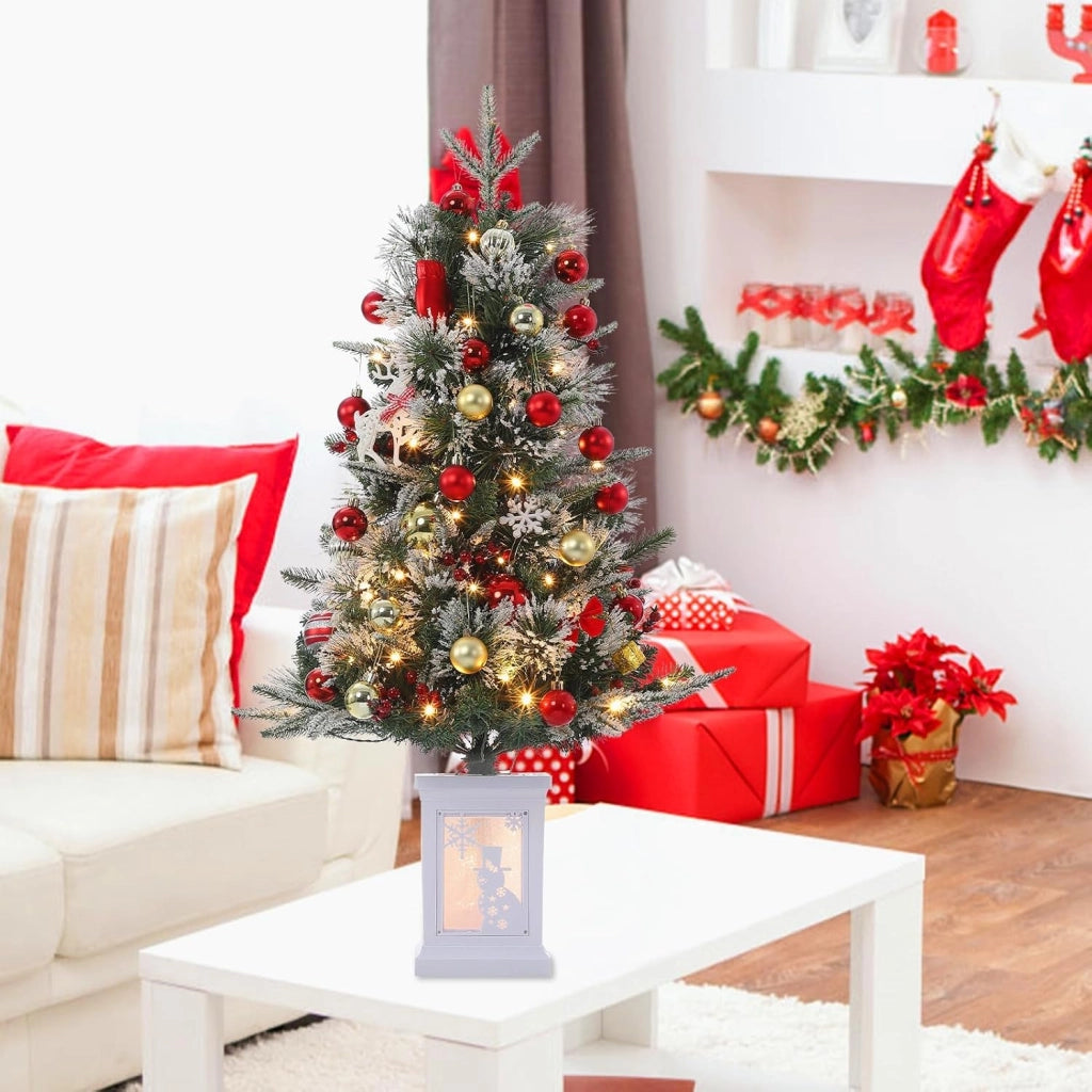 Set 2 Alberi di Natale Innevati 90cm con 78 LED Bianco Caldo Timer e Base Bianca da Banco
