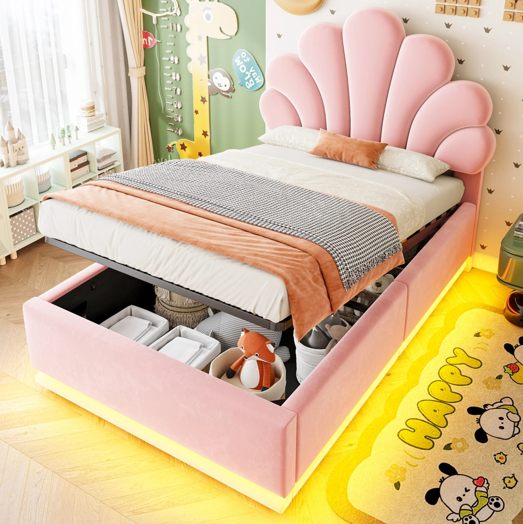 Letto imbottito 90x200 cm in velluto rosa con contenitore; LED e testiera a fiore
