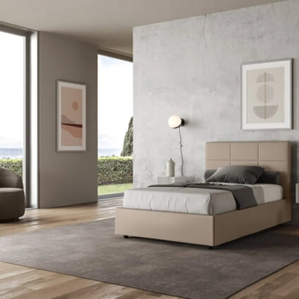 Letto una piazza e mezza contenitore imbottito 120x190 similpelle tortora Mika
