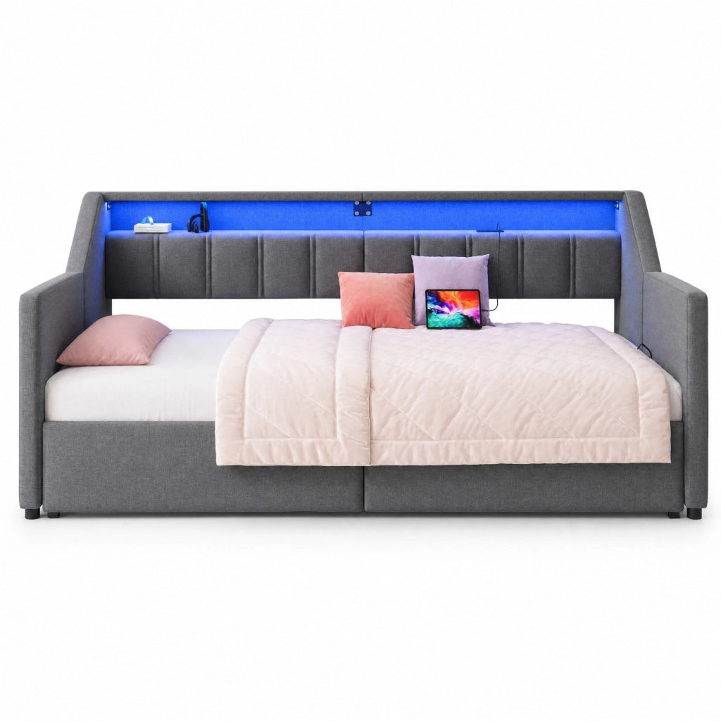 Letto giorno multifunzionale 90x200 cm in lino grigio con USB; Type-C; LED e 2 cassetti