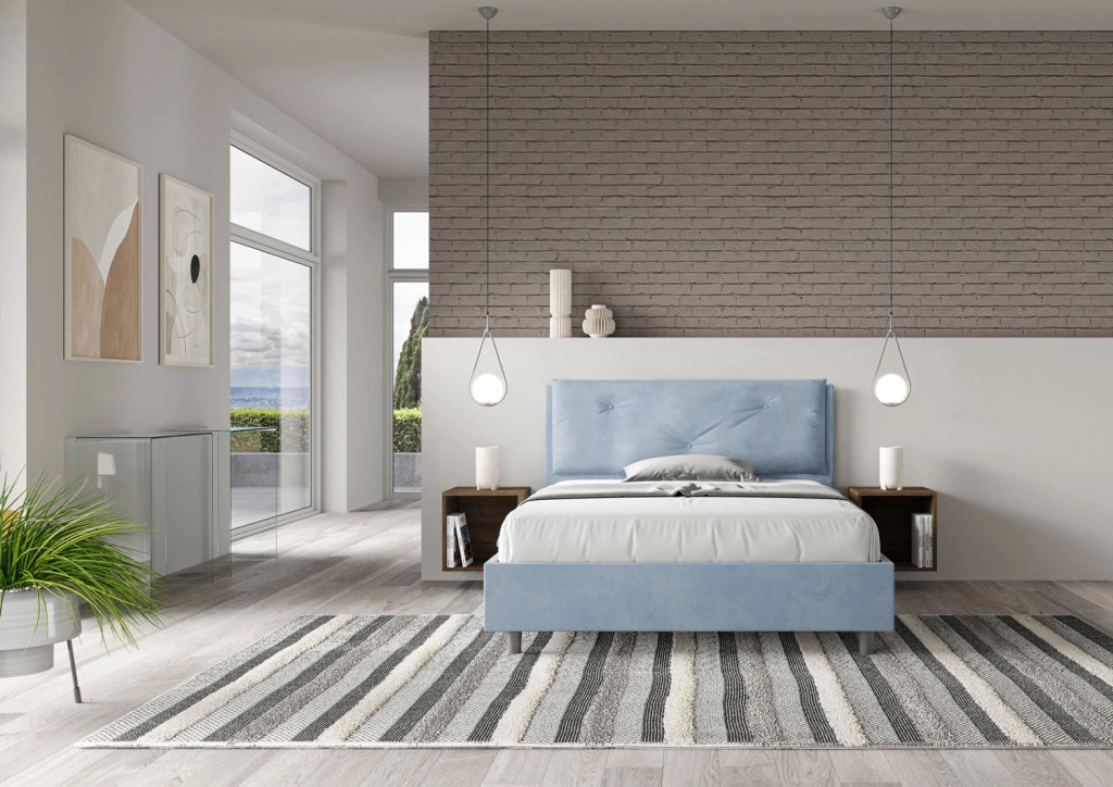Letto Matrimoniale Francese 140x210 cm con Rete e Contenitore Imbottito in Microfibra Appia Large Azzurro