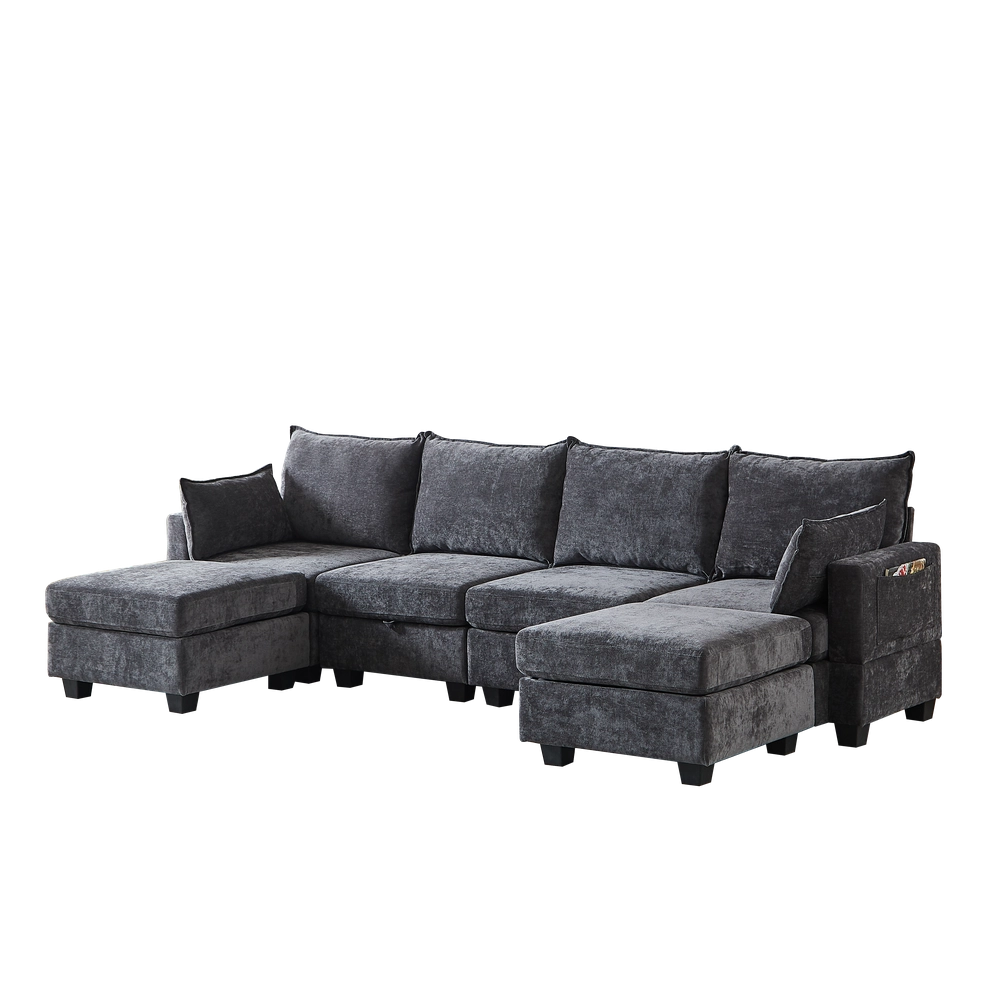 Divano angolare 6 posti con chaise longue e contenitore ¨C Minimal ¨C tessuto chenille grigio