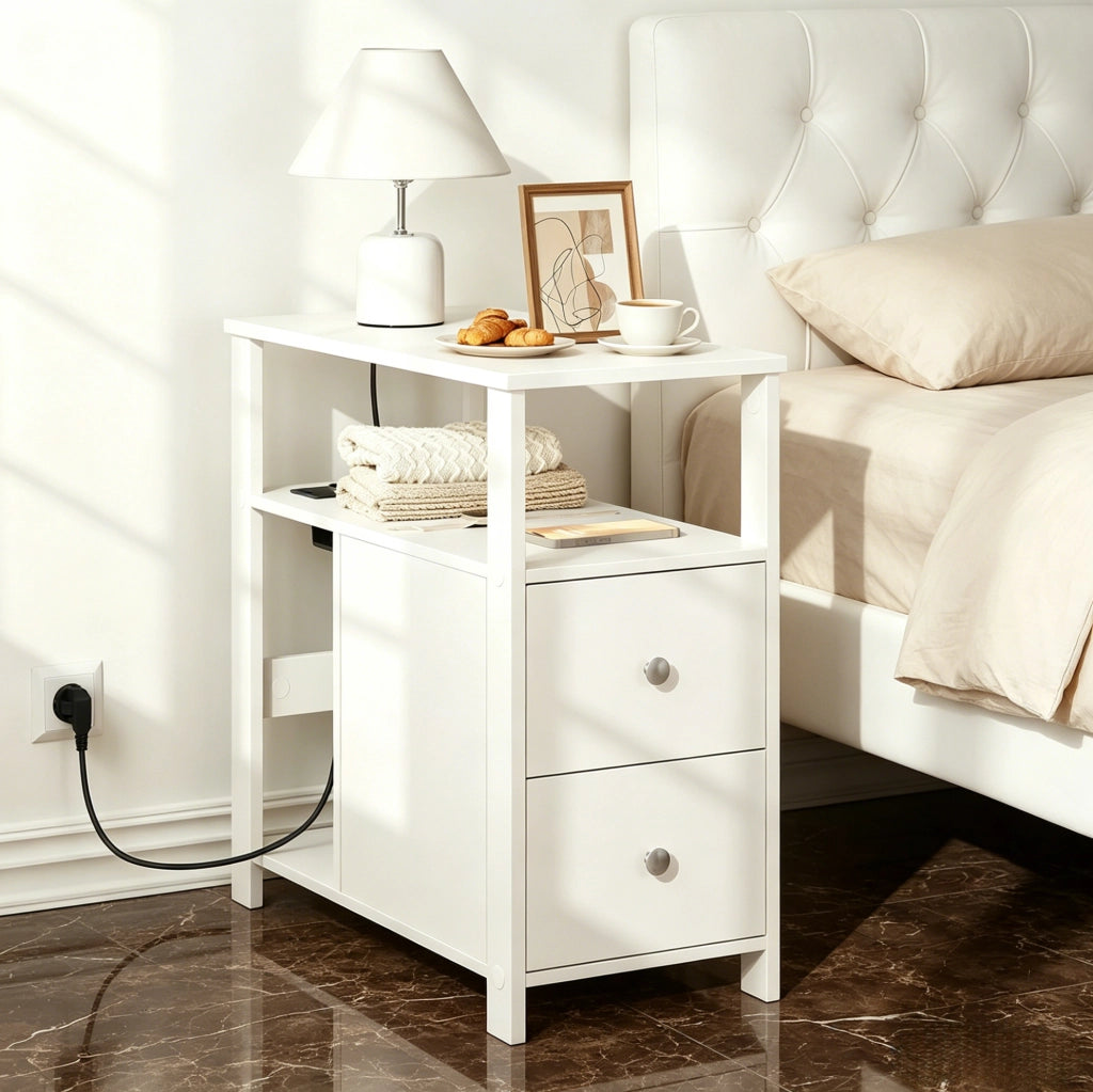 TAVOLINO con prese AC e USB 60 x 60 x 30 cm bianco