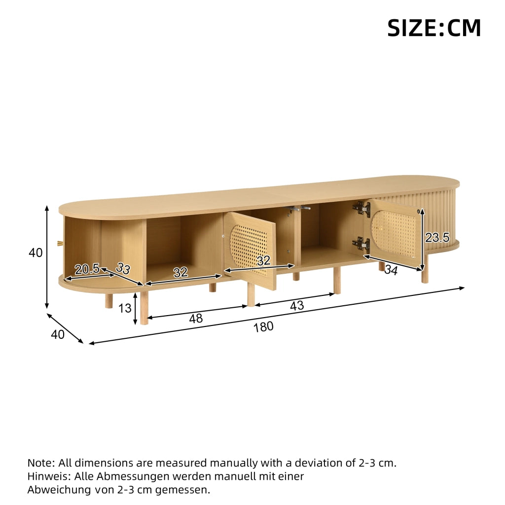 Desviae Mobile porta TV con ante in rattan e serrande laterali in MDF naturale per TV fino a 75 pollici 180 × 40 × 40 cm