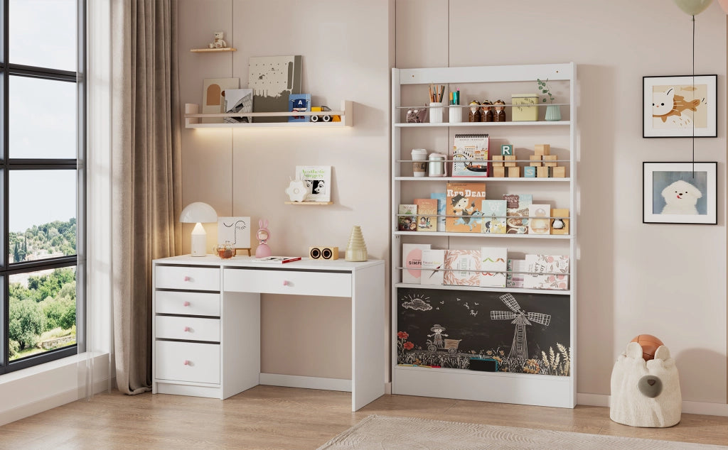 Set Scrivania e Libreria per Bambini 2 Pezzi con 5 Cassetti, 4 Ripiani e Lavagna, Bianco