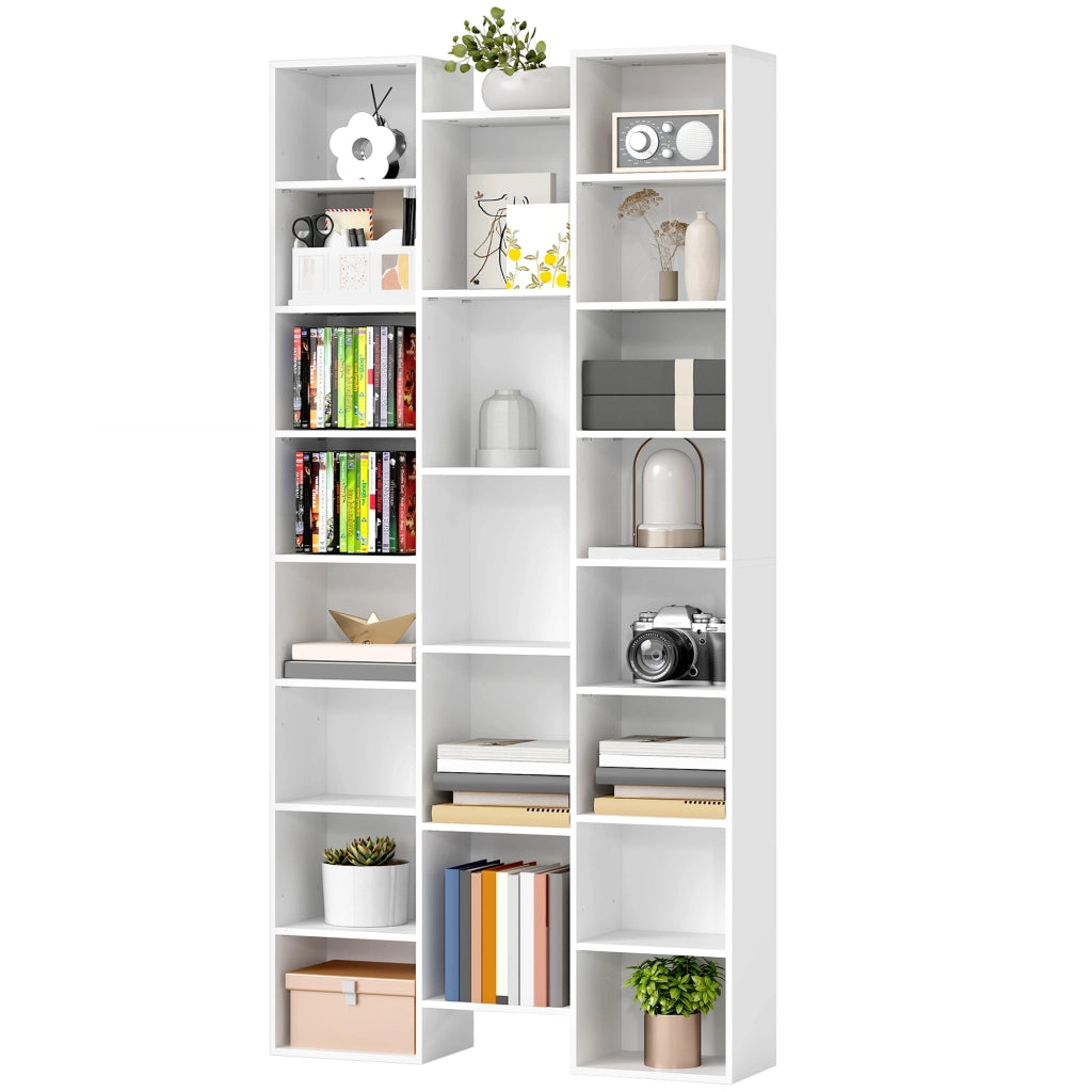 Libreria moderna in legno bianco alta 181 cm con 21 scomparti e 10 ripiani regolabili, pratica per casa