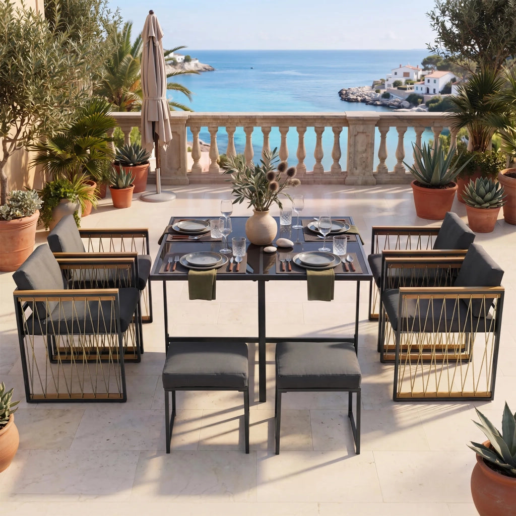 Set pranzo esterno 7 pezzi per 6 persone, tavolo in vetro temperato con braccioli in plastica e legno, ideale per giardino e terrazza