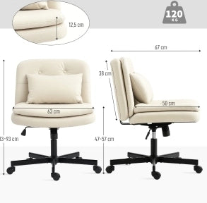 Sedia da ufficio armless con rivestimento in ecopelle beige, regolabile in altezza e con ruote