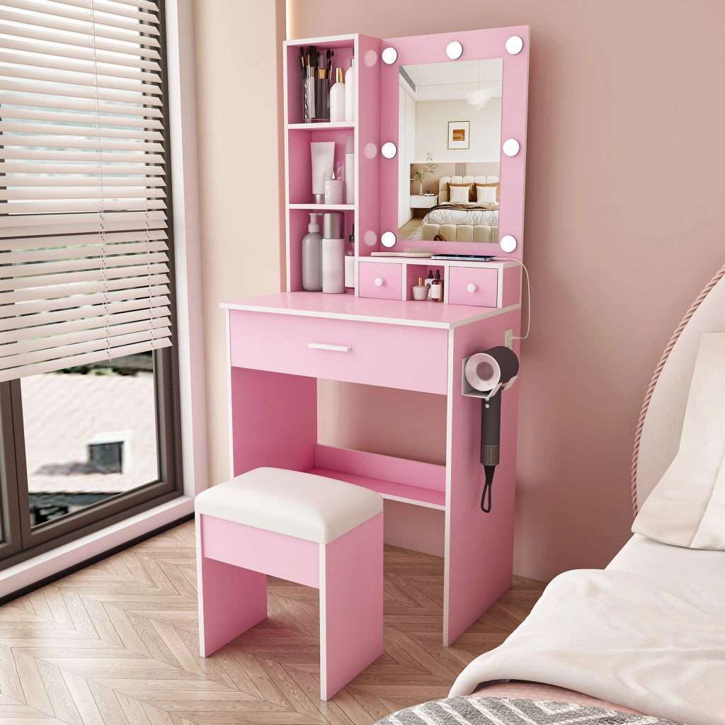 Toeletta, con sgabello, specchio, illuminazione a LED, presa di corrente, supporto per asciugacapelli, rosa