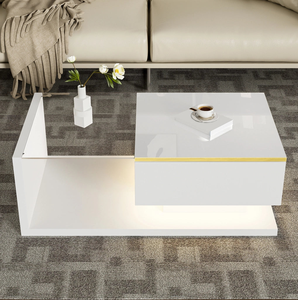 Tavolino da caffè bianco lucido 90 cm con vetro e LED RGB dimmerabile