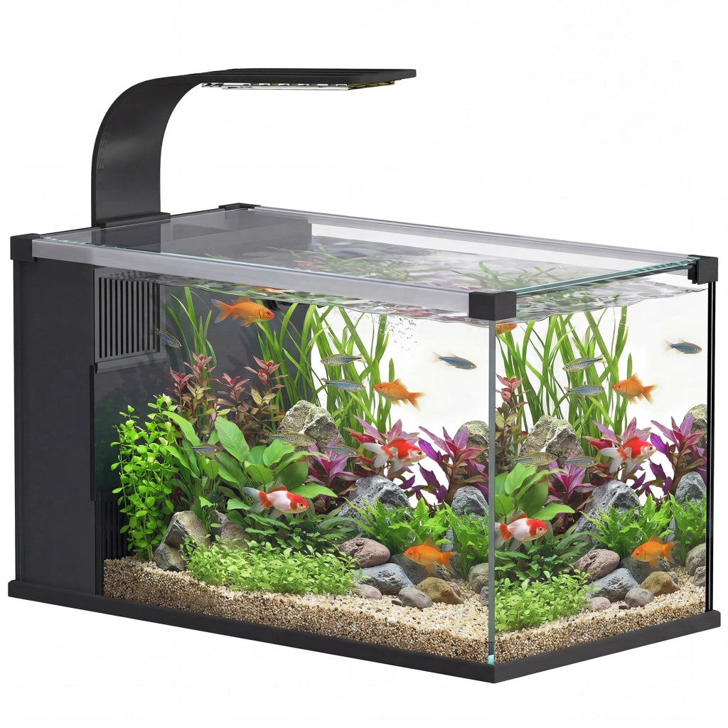 Acquario Casalingo da 24L in Vetro Temperato con Filtro Integrato e Luce LED, 45x25x25.5 cm, Nero