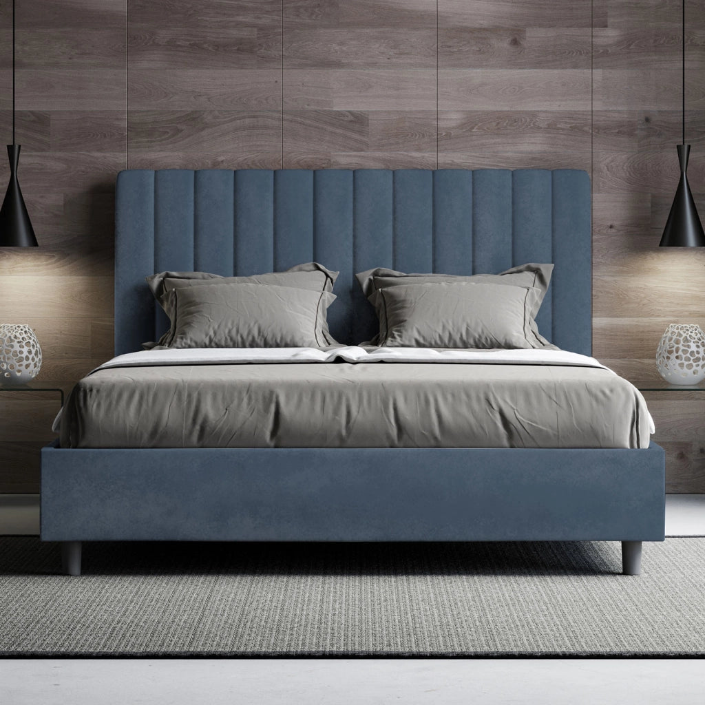 BS COM Letto una piazza e mezza senza rete imbottito 130x210 microfibra blu
