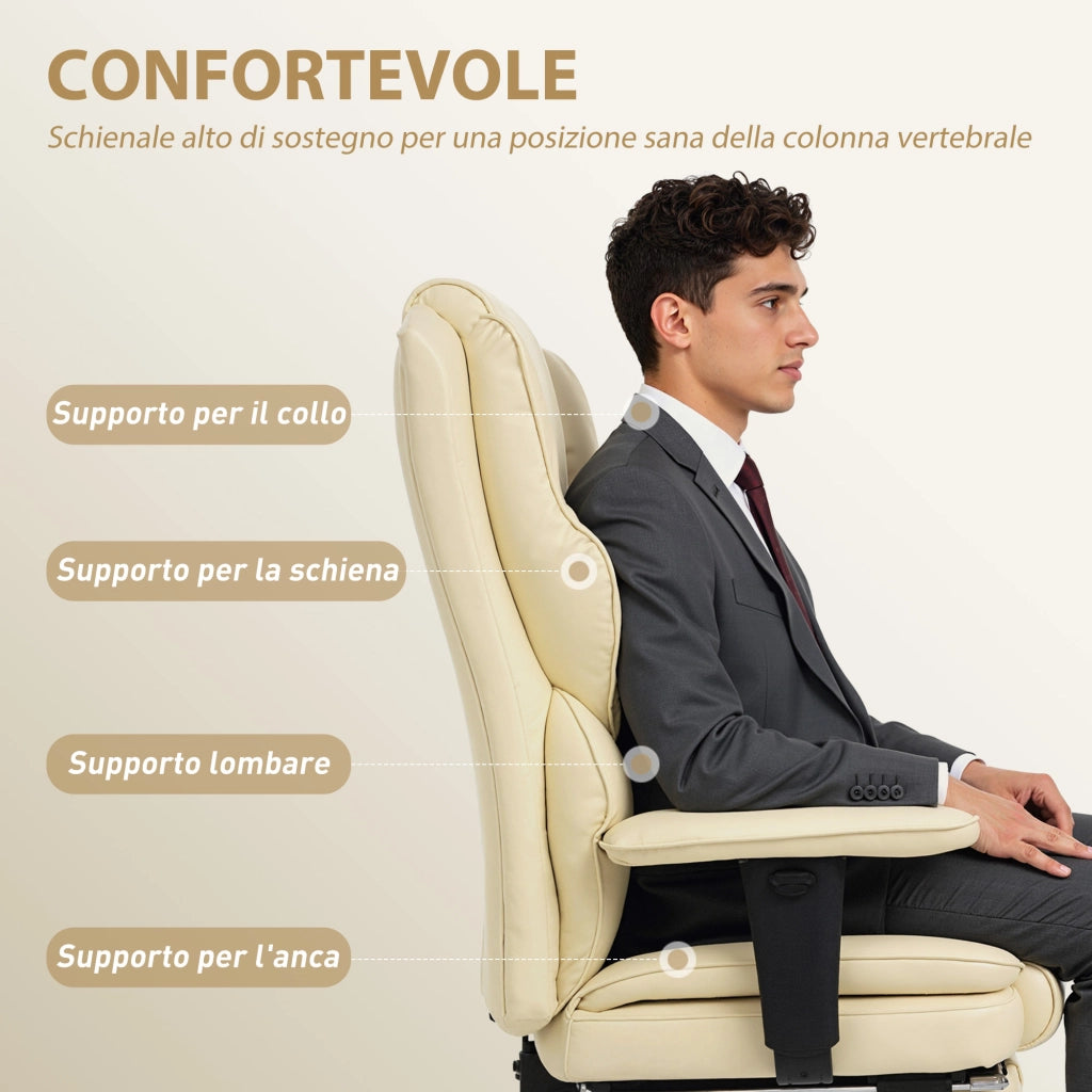 Sedia da Ufficio con Poggiapiedi e Poggiatesta, in Pelle PU, Schiuma e Metallo, 76x73x117-125 cm, Bianco Crema
