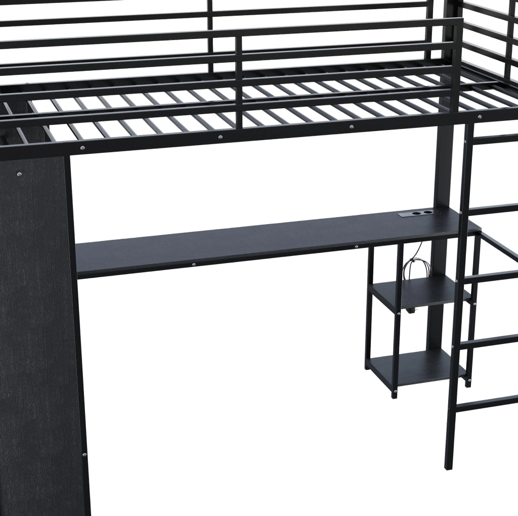Letto a soppalco 90x200 cm con scrivania, LED, metallo e MDF nero