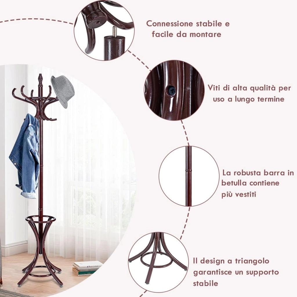 Attaccapanni da Terra Appendiabiti da Terra con 12 Ganci in Legno Ecologico, 51 x 51 x 184 cm
