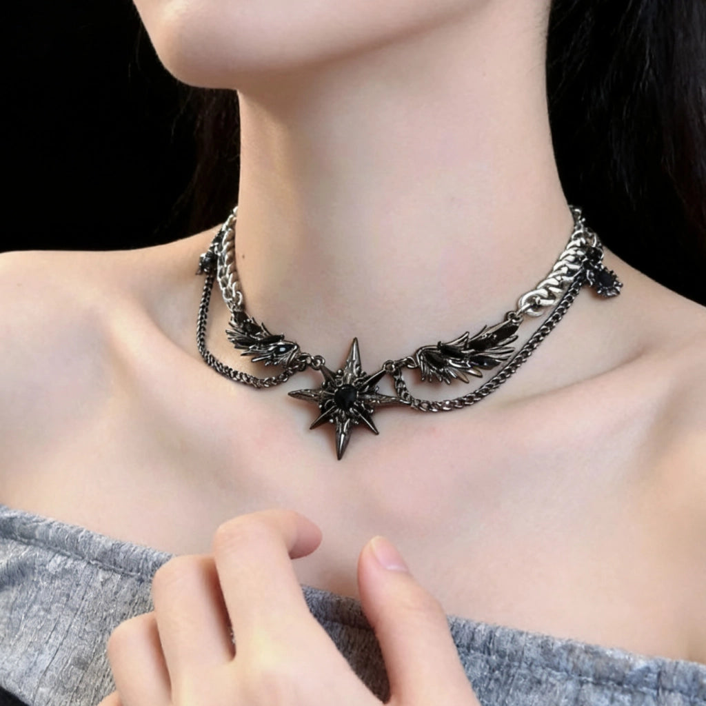 Collana Y2K Black Wings Starlight, stile punk, subcultura, collana da ragazza sexy, gotica dark, catena per clavicola