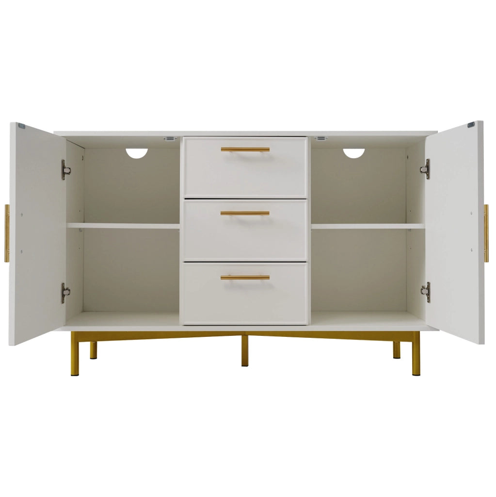 Comò bianco con 2 ante e 3 cassetti, ripiano regolabile, 75x120x40 cm, base in metallo