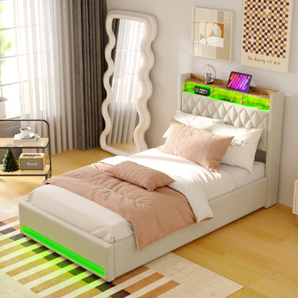 LETTO Imbottito 140 x 200 cm in Velluto Beige con Base a Doghe