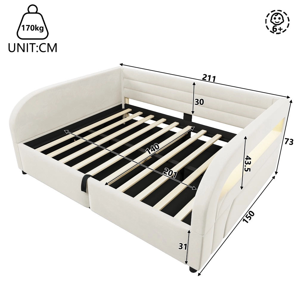 Letto imbottito contenitore con LED ¨C Minimal ¨C Bianco 140x200 cm