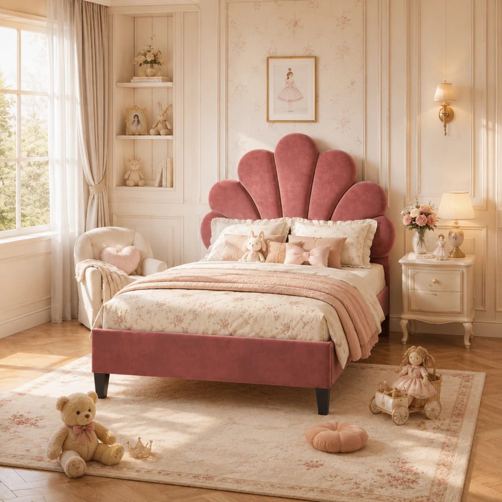 Letto singolo 90x200 cm imbottito velluto rosa, testiera a forma di fiore, struttura con doghe in legno, portata 200 kg, letto moderno per camera da letto bambini