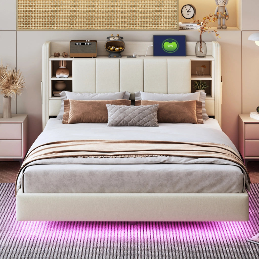 Letto imbottito 140x200 cm con LED e USB; testiera con vani e ripiani; tessuto beige
