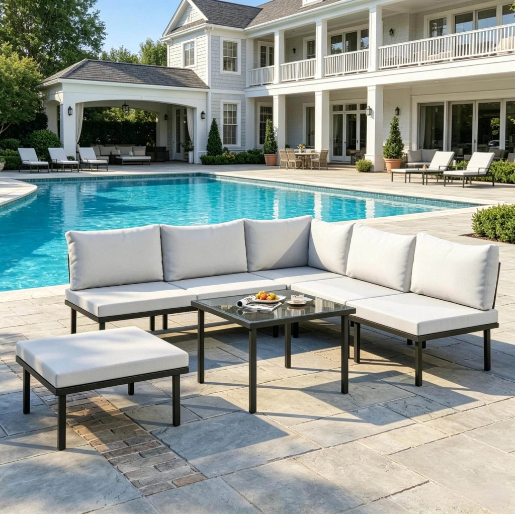 Set da giardino modulare ULEVR 6 pezzi con divano 2 posti, poltrone, pouf e tavolino in vetro, nero e grigio chiaro
