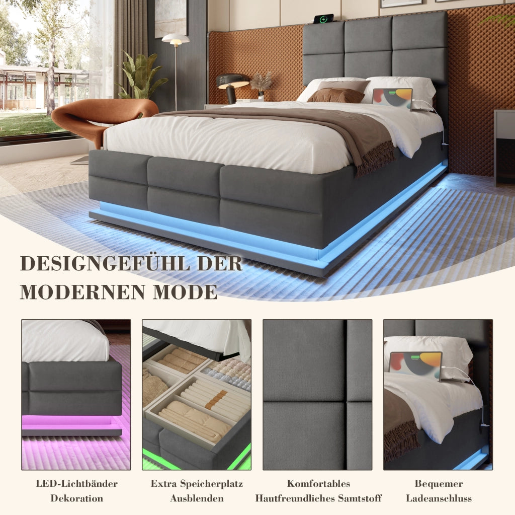 Letto singolo 90x200 cm con contenitore; testiera regolabile; LED e USB; velluto grigio scuro