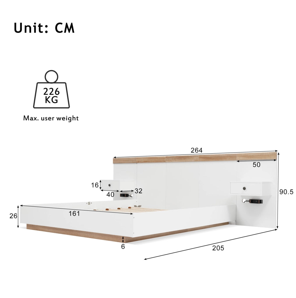 Letto matrimoniale con 2 comodini LED e prese USB/Tipo C, 160x200 cm