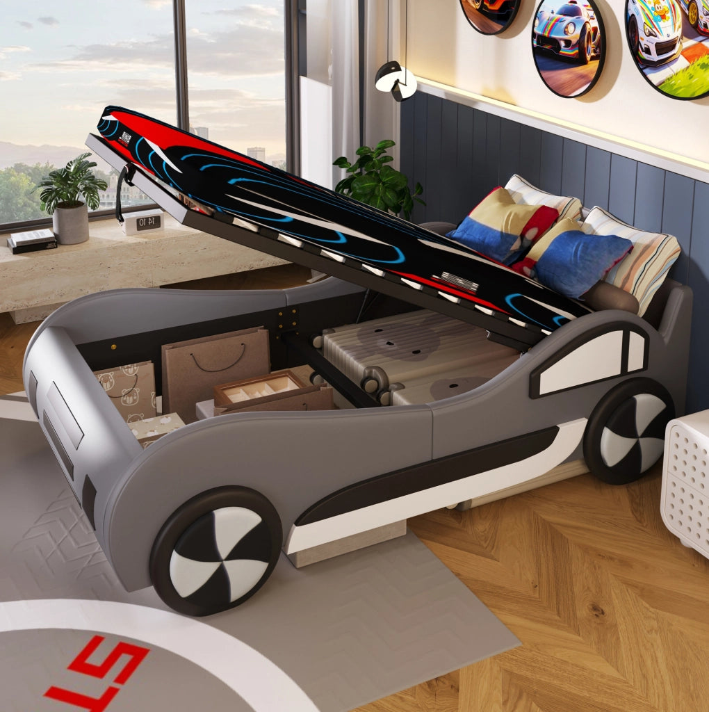 Letto per bambini a forma di auto 90x200 cm con rete a doghe e contenitore; grigio