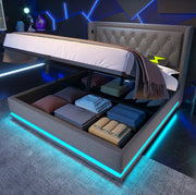 Letto matrimoniale imbottito 180 × 200 cm con contenitore idraulico; LED; USB e Type-C; cotone grigio