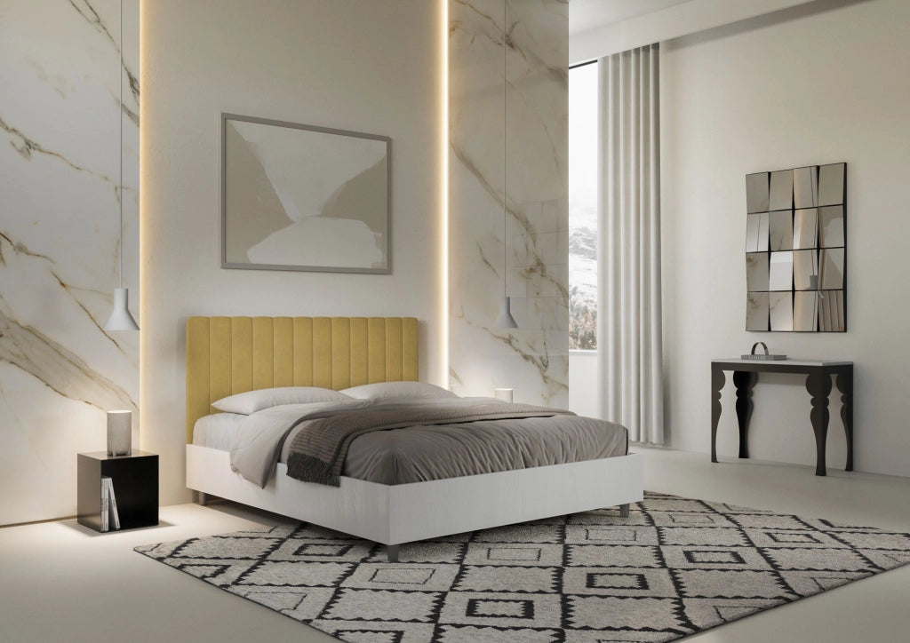 BS COM Letto matrimoniale senza rete 160x190 bianco frassino testata microfibra ocra