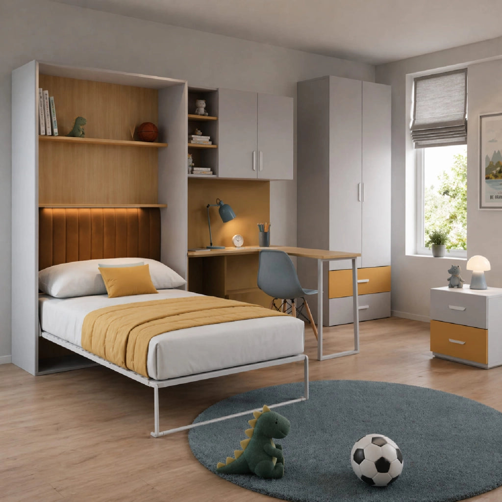Cameretta Completa Con Letto A Scomparsa Scrivania Armadio E Cassettiera Salvaspazio In Melaminico Per Camera Bambini Ragazzi Stanza Ospiti 133 X 208.5 X 45-216 Cm Cashmere E Giallo