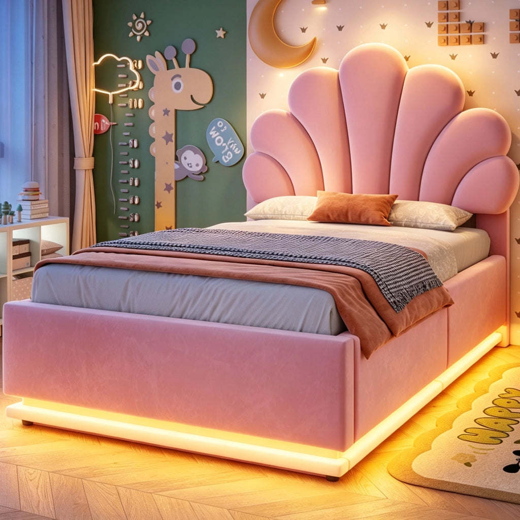 Letto imbottito 90x200 cm in velluto rosa con contenitore; LED e testiera a fiore