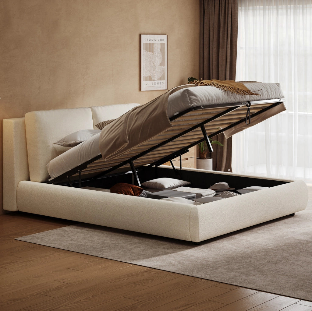 Letto imbottito con vano contenitore e testiera in bouclé beige