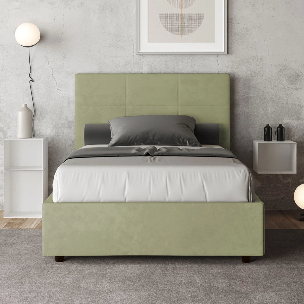BS COM Letto una piazza e mezza con rete imbottito 120x200 microfibra tè verde