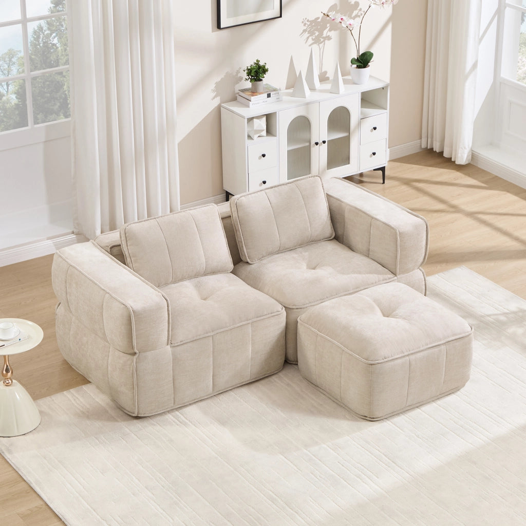 Divano modulare 2 posti con pouf seduta profonda senza struttura base antiscivolo in poliestere beige 198×162×67 cm