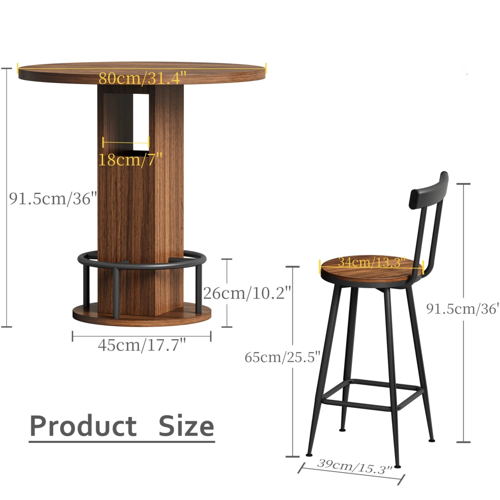 TAVOLO BAR ROTONDO 80 cm Noce Set 3 pezzi con 2 sgabelli