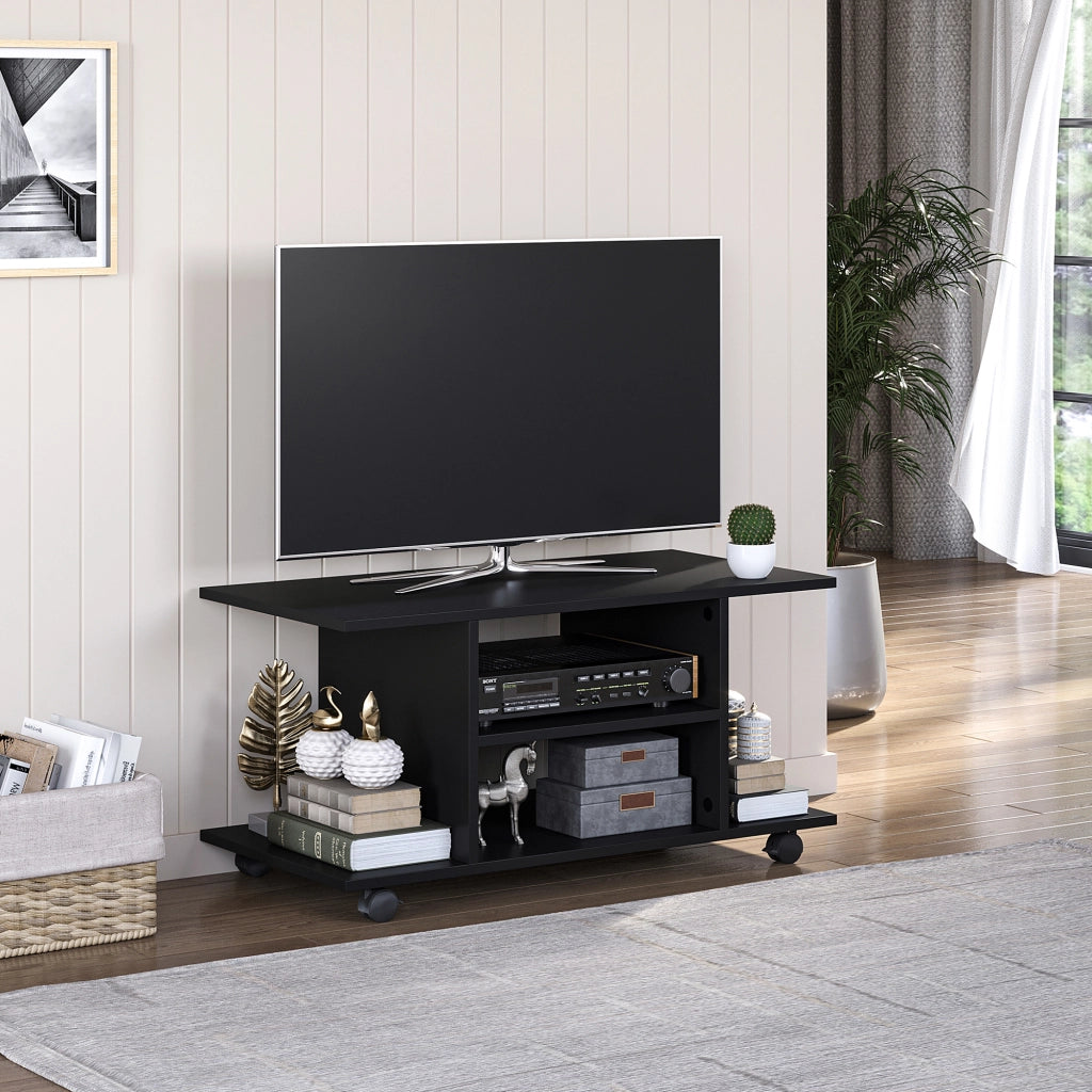 Mobile TV Moderno con Ripiani. Mobiletto Porta TV da 42" con Ruote Girevoli a Freni. 2 Piccolo Ripiani Laterali per Soggiorno e Camera da Letto. 80x40x40 cm. Nero