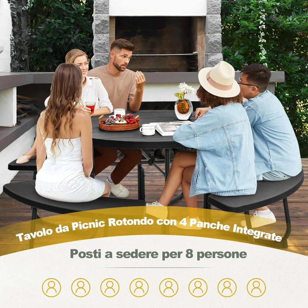 Set Tavolo da Picnic con 8 Posti, Tavolo da Picnic Rotondo con 4 Panche e Foro per Ombrellone, Tavolo da Campeggio Resistente in Metallo, per Giardino, Cortile, Patio (Nero)