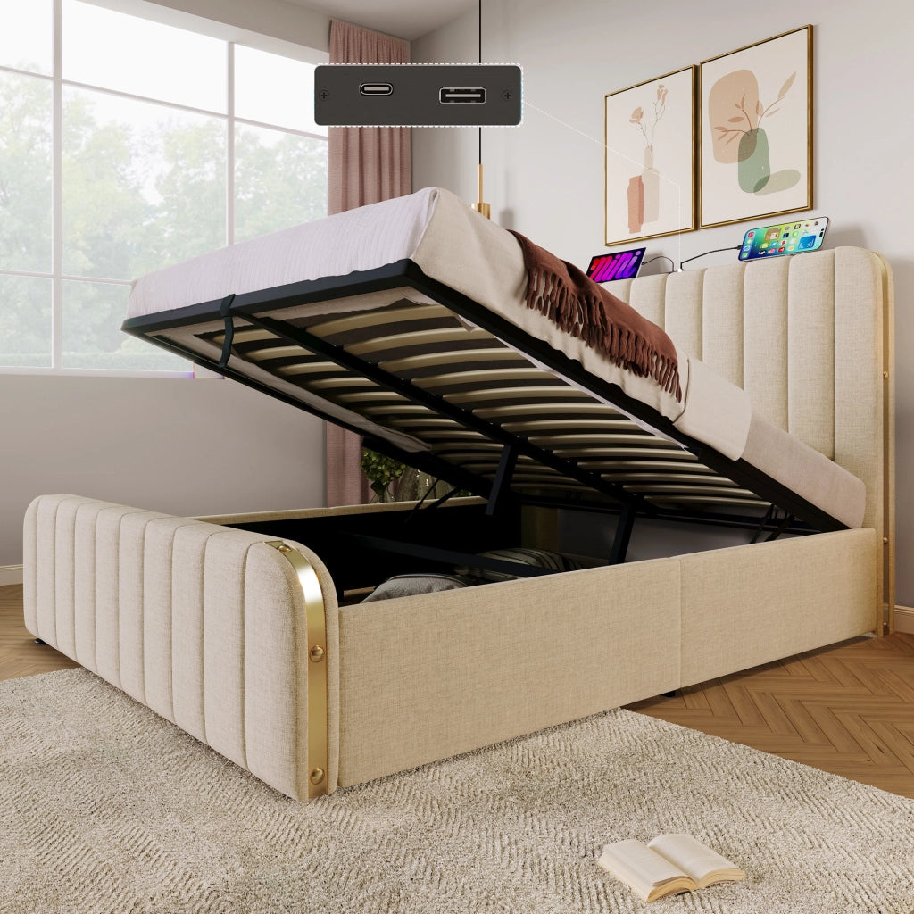 Letto Contenitore Matrimoniale 160x200 cm; USB e Type-C; in Lino Beige