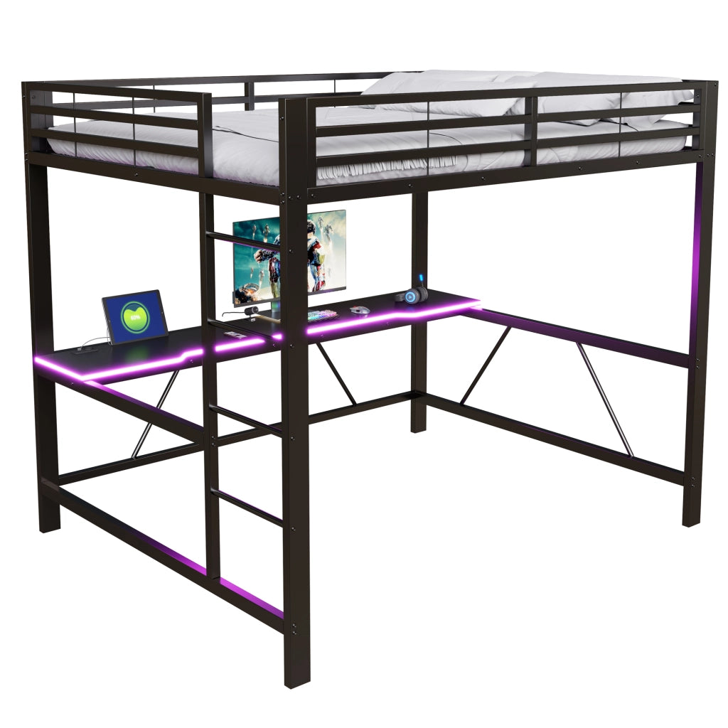 Letto a soppalco 160x200 in metallo con scrivania integrata e luci LED; nero