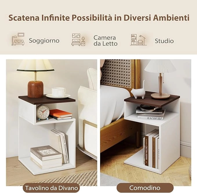 Tavolino Laterale da Salotto a Forma di S per Piccoli Spazi, Tavolino per Divano con 2 Scomparti Aperti, Comodino Moderno per Soggiorno, Camera da Letto e Studio, Bianco (2,Noce e Bianco)