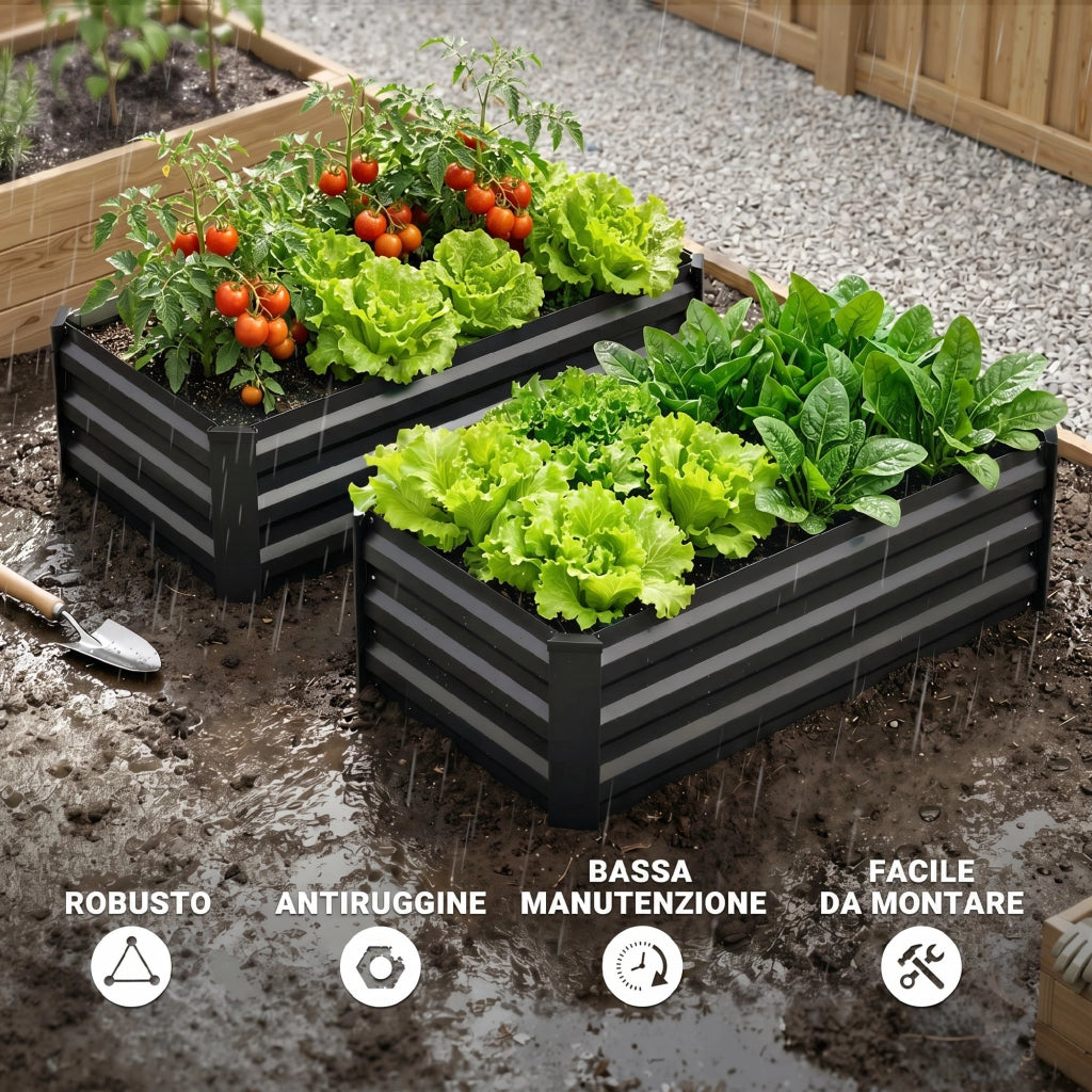 Set 2 Letti per Orto Rialzato in Acciaio Galvanizzato 100x60x30cm Fioriere Grigio con Fondo Aperto per Giardino